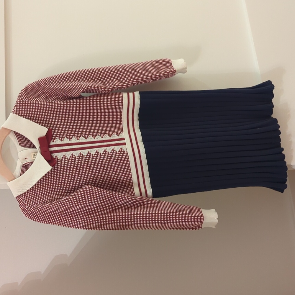 Girls Red and Navy Pleated Knit Dress with Collared Bow
